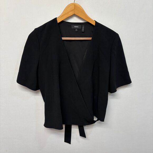 Theory Women Short Sleeve Wrap Top Blouse Shirt Size 6 Black D019 -12 - Picture 8 of 12